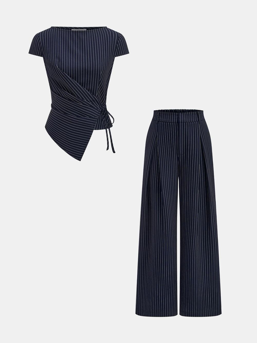 Pinstripe Wrap Tie Waist Top & Wide Leg Pant Set